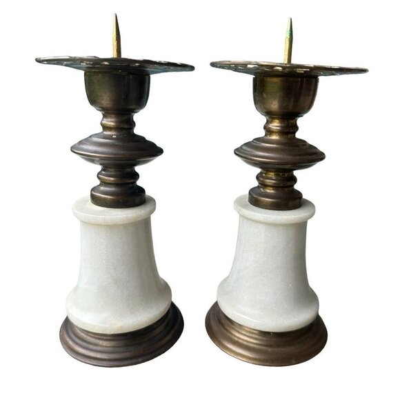 Candle Sticks Holders Brass Marble Ornate Pillar Taper 7"‎ MCM VTG Set Of 2 - Picture 2 of 9